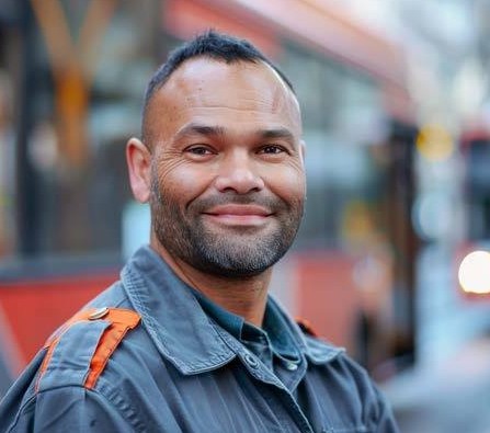A smiling man in work clothes with a bus behind him