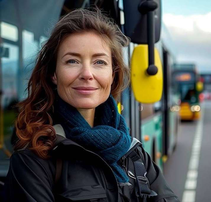 A smiling woman in a teal scarf standing beside a bus