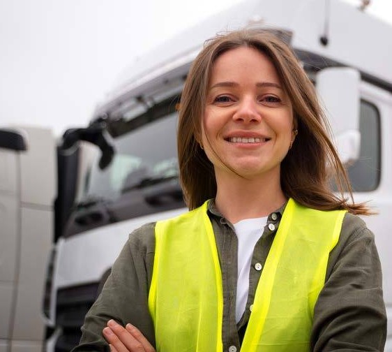 A smiling woman in a high-visibility vest in front of a lorry